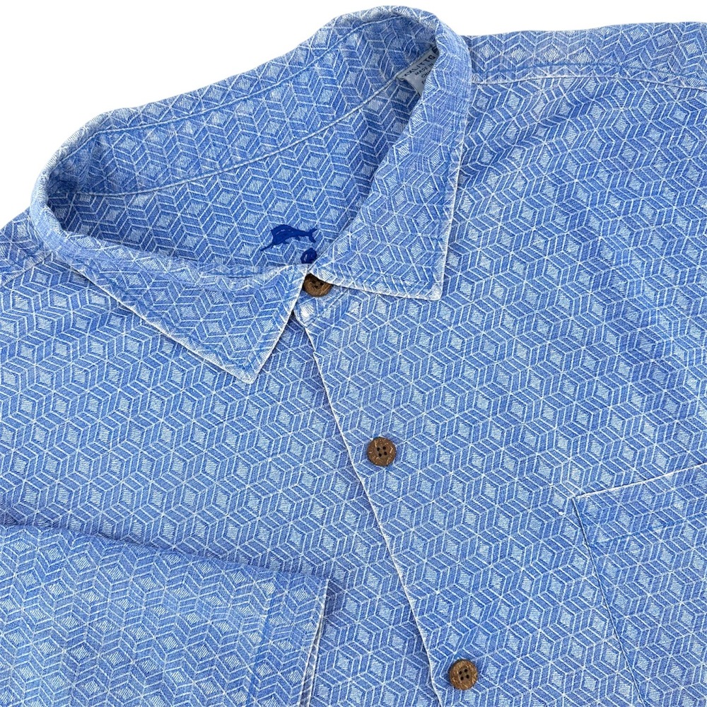 Tommy Bahama Mens XXL Blue Geometric Diamond 100% Silk Short Sleeve Camp Shirt